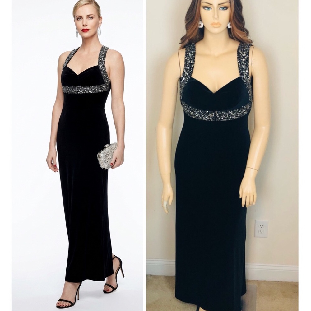 VTG Black Velvet Sequins Trim Open Back Formal Evening Sexy Maxi Long Dress